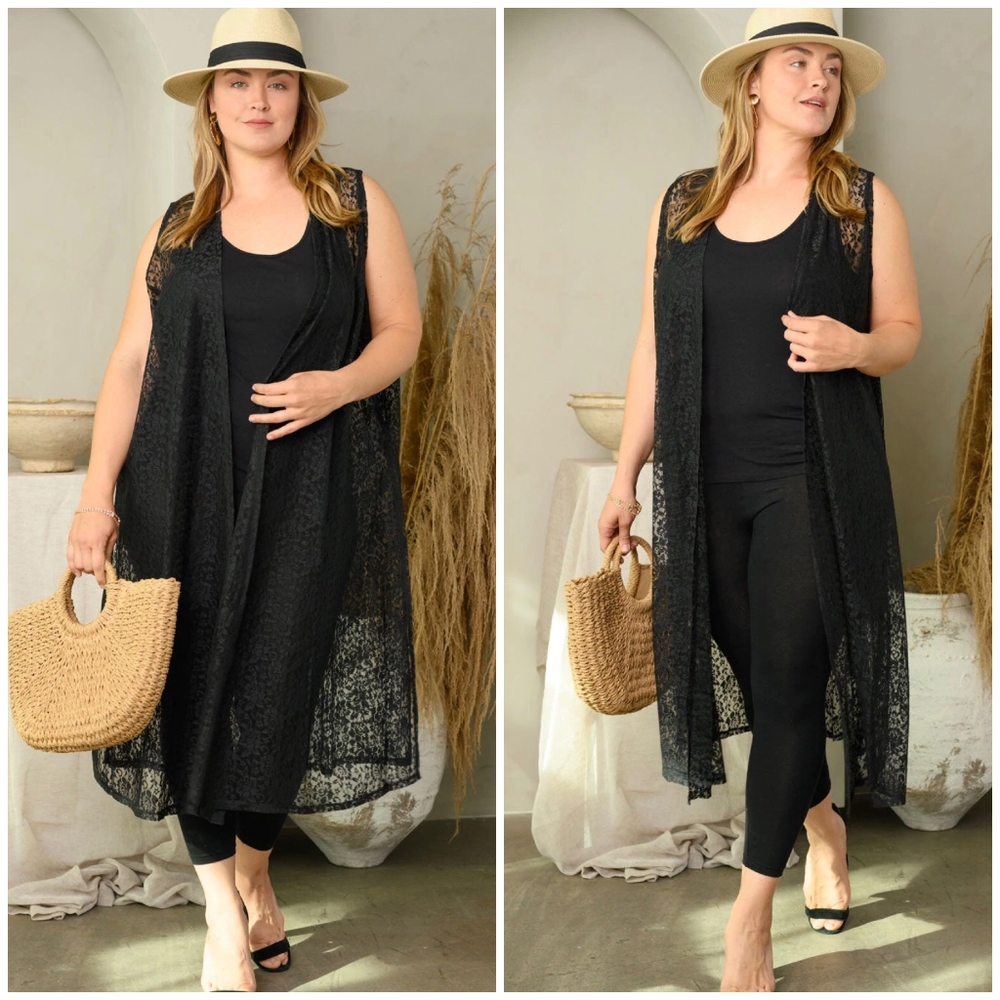 LAST 1❗LuLaRoe Plus Size Boho Chic Black Lace Sleeves Long Cardigan Vest - Picture 5 of 5